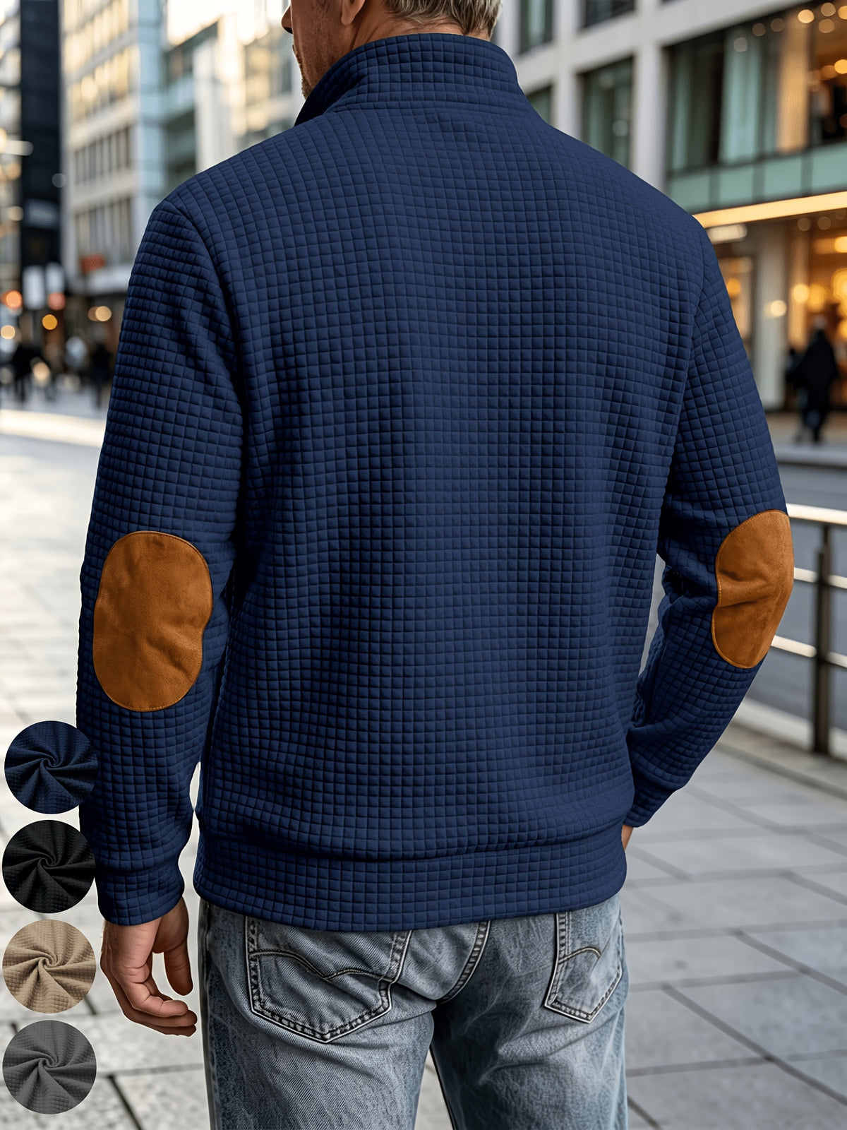 [Pearson OBM] Men'S Autumn Winter Sports Short Collar Jacket, Classic Print Design, Zippered Pockets Fashionable Small Plaid Textured Fabric, Elbow Classic Color-Block Casual Coat, Spring Autumn Versatile Zippered Cardigan Top, Suitable for Gifting - pa-cyan