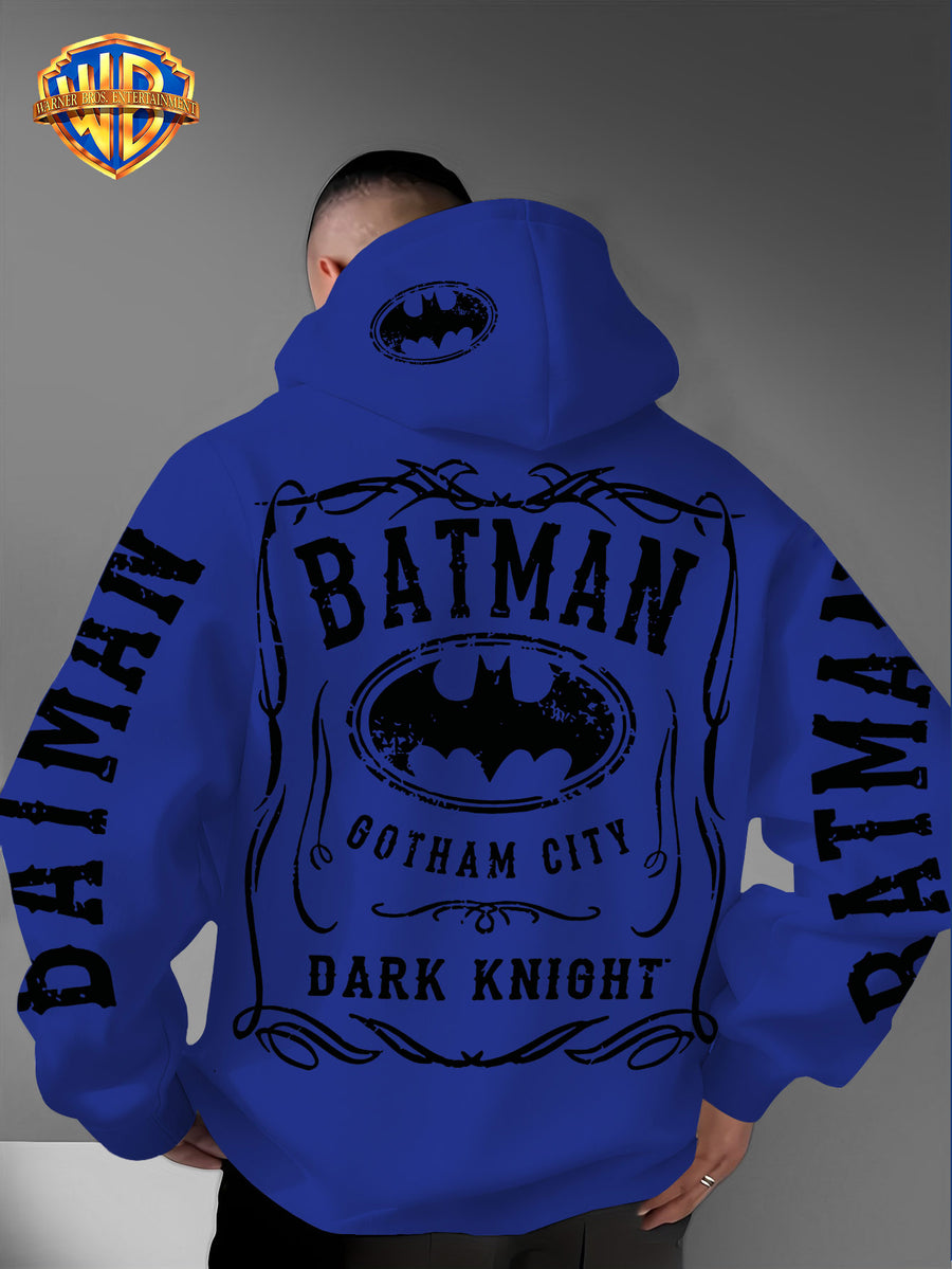 Warner Bros. Authorized American Cool Batman Retro Border Printed Hooded Sweatshirt with Adjustable Drawstring, Comfortable And Warm, Fashionable And Versatile Men'S Casual Sweatshirt, Suitable for Autumn And Winter Wear - Blue