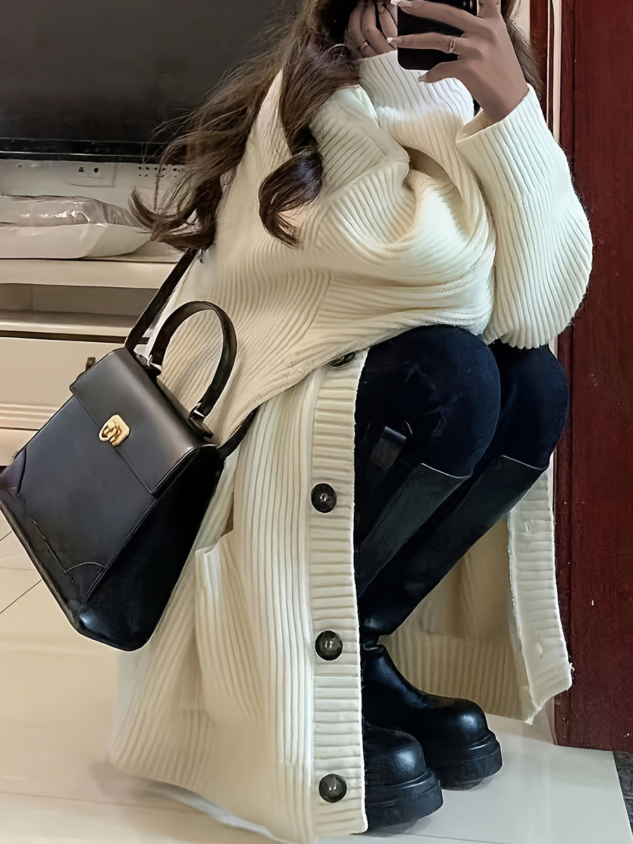 Casual V-Neck Single-Button Sweater Women'S Autumn Winter Cardigan - Off-white