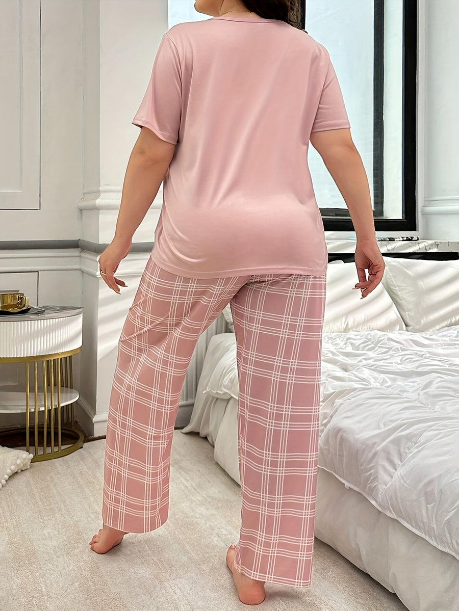 Women'S Pajamas Plus Size Cartoon Heart Checkered Home Clothes Set - pink