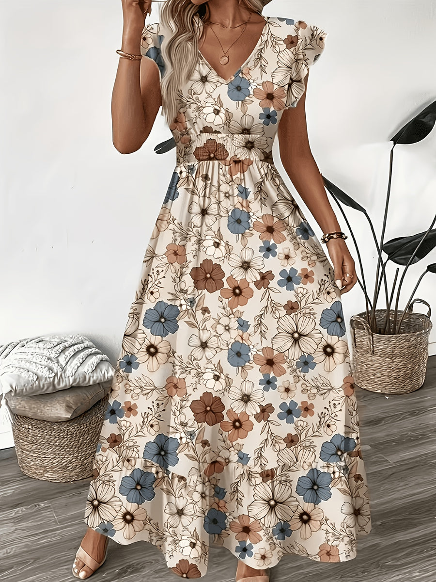 Printed Puff Sleeve Maxi Dress - Mixed colors