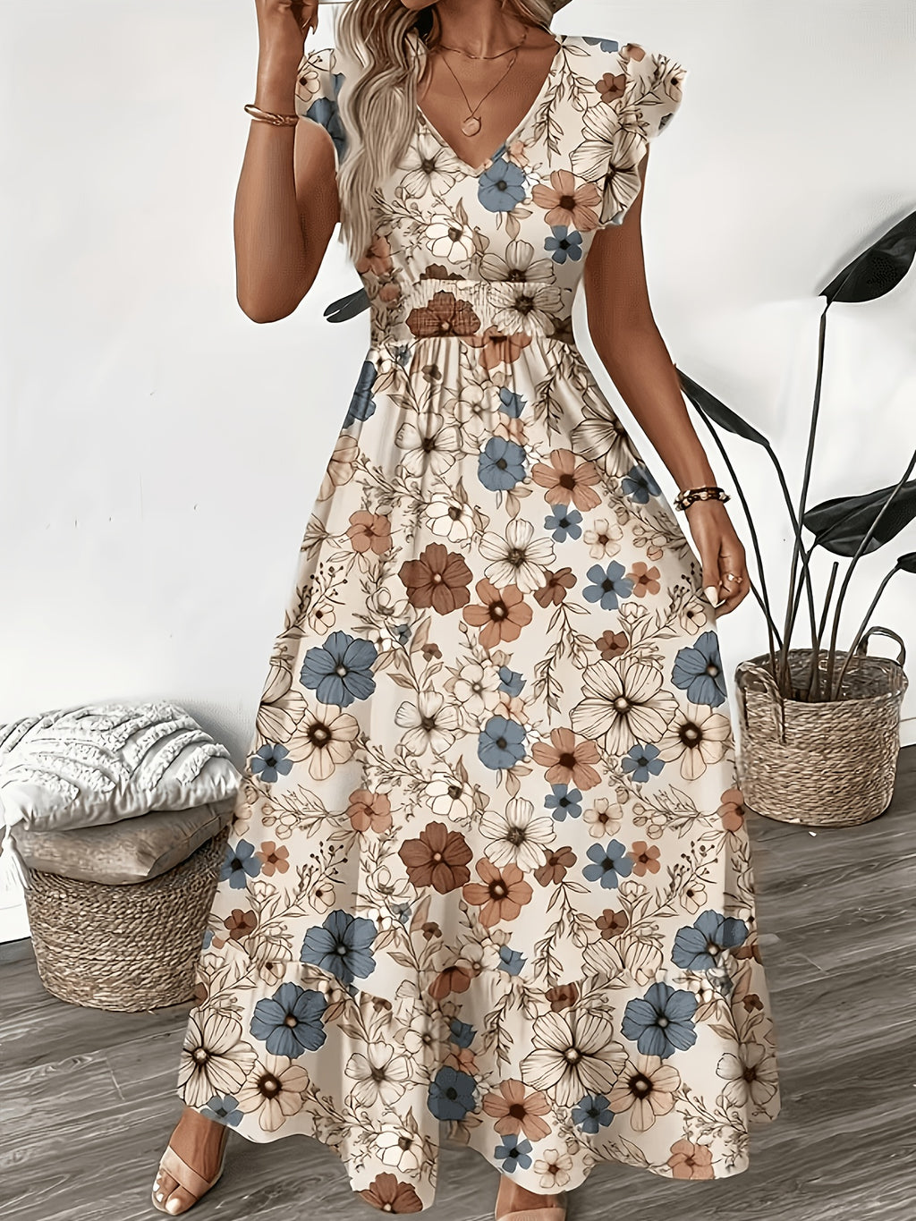 Printed Puff Sleeve Maxi Dress - Mixed colors