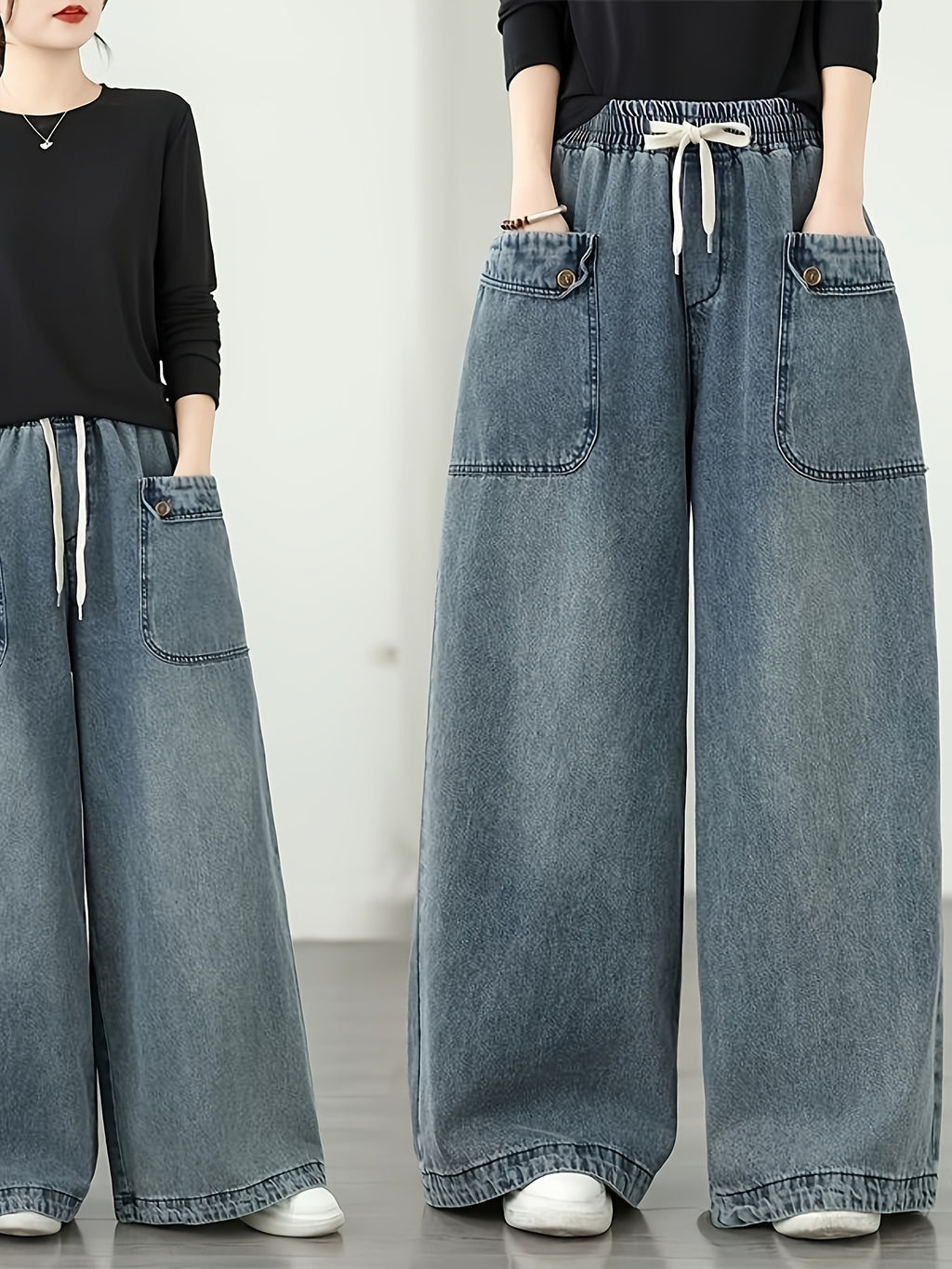 Plus Size Women Autumn Winter New Casual Versatile Elastic Waist Loose Washed Denim Wide Leg Pants, Light Color Long Trousers Straight Leg Effect - Medium Blue