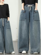 Plus Size Women Autumn Winter New Casual Versatile Elastic Waist Loose Washed Denim Wide Leg Pants, Light Color Long Trousers Straight Leg Effect - Medium Blue