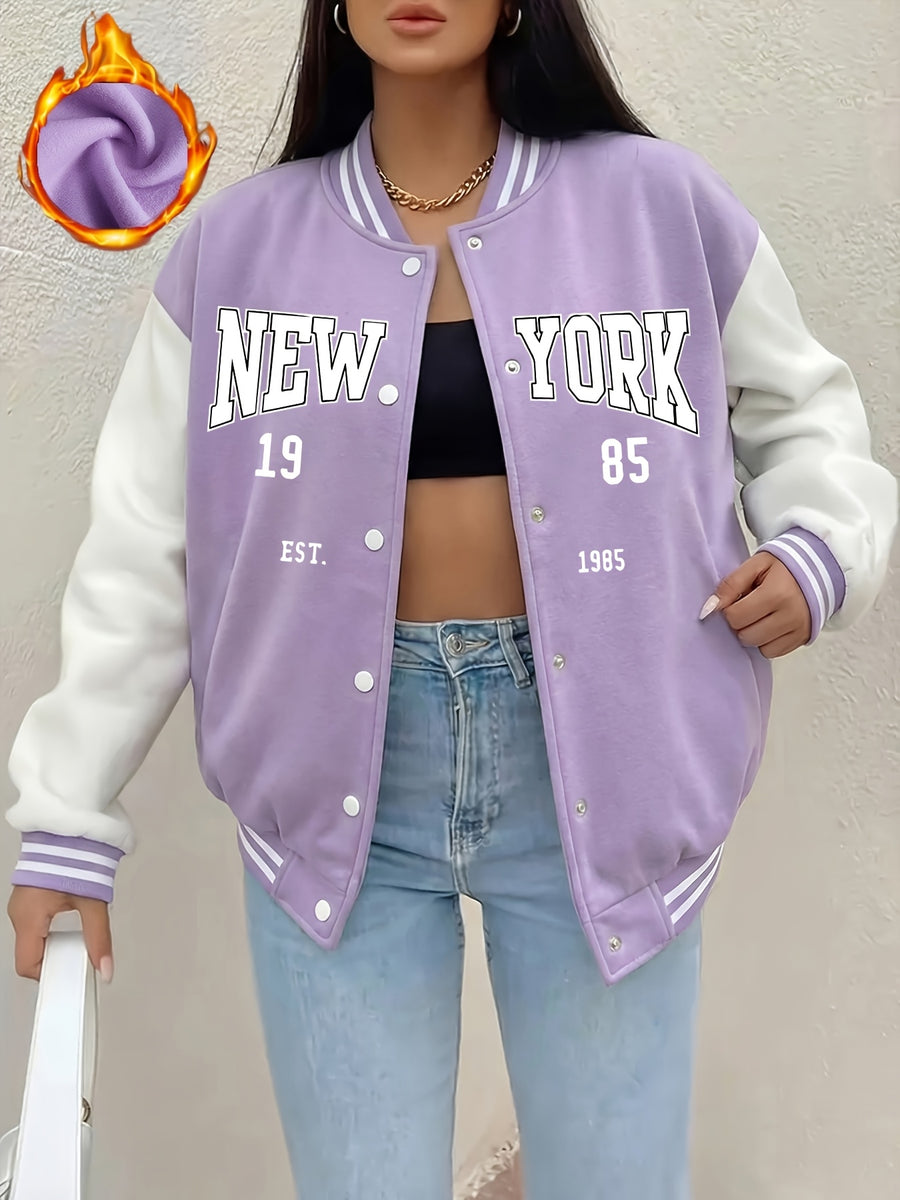 Women'S Black And White Contrast Baseball Jacket, A Letter Pattern Printed Jacket - Purple With White