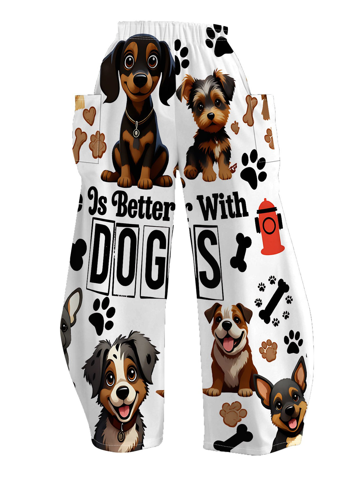 Women's Standard Size Comfortable& Breathable Wide-Leg Pants, White Base with Cute Cartoon Dog Print, Adorable Pet Paw& Bone Patterns, Elastic Waist, Loose&, Pocketed, Draped Casual Long Trousers - Mixed colors