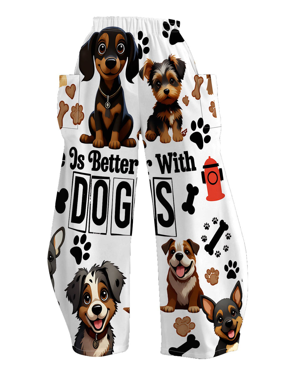 Women's Standard Size Comfortable& Breathable Wide-Leg Pants, White Base with Cute Cartoon Dog Print, Adorable Pet Paw& Bone Patterns, Elastic Waist, Loose&, Pocketed, Draped Casual Long Trousers - Mixed colors