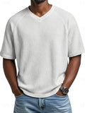 Men's Minimalist Waffle Knit V-Neck Short Sleeve Casual Breathable Sports Vacation Beach Raglan Sleeve Herringbone T-Shirt - White