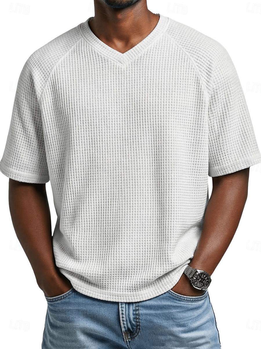 Men's Minimalist Waffle Knit V-Neck Short Sleeve Casual Breathable Sports Vacation Beach Raglan Sleeve Herringbone T-Shirt - White