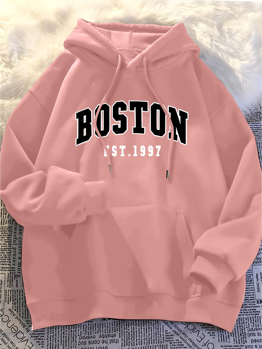 Minimalist Style Boston Letter Print Men'S Hooded Sweatshirt Regular Fit, Casual Long Sleeve Pullover - Pink Color