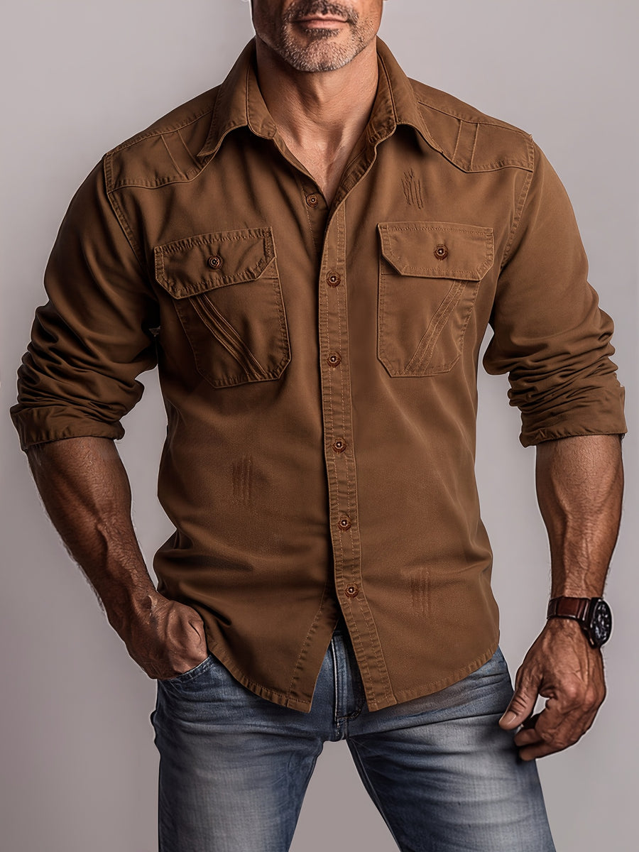 Men'S Retro Denim Shirt Long Sleeve Fashion New Shirt Casual High-End Double Pocket Washed Denim Shirt Lapel Shirt Classic Blue Versatile Top Handmade Denim Popular Denim Shirt Men'S - Dark Brown