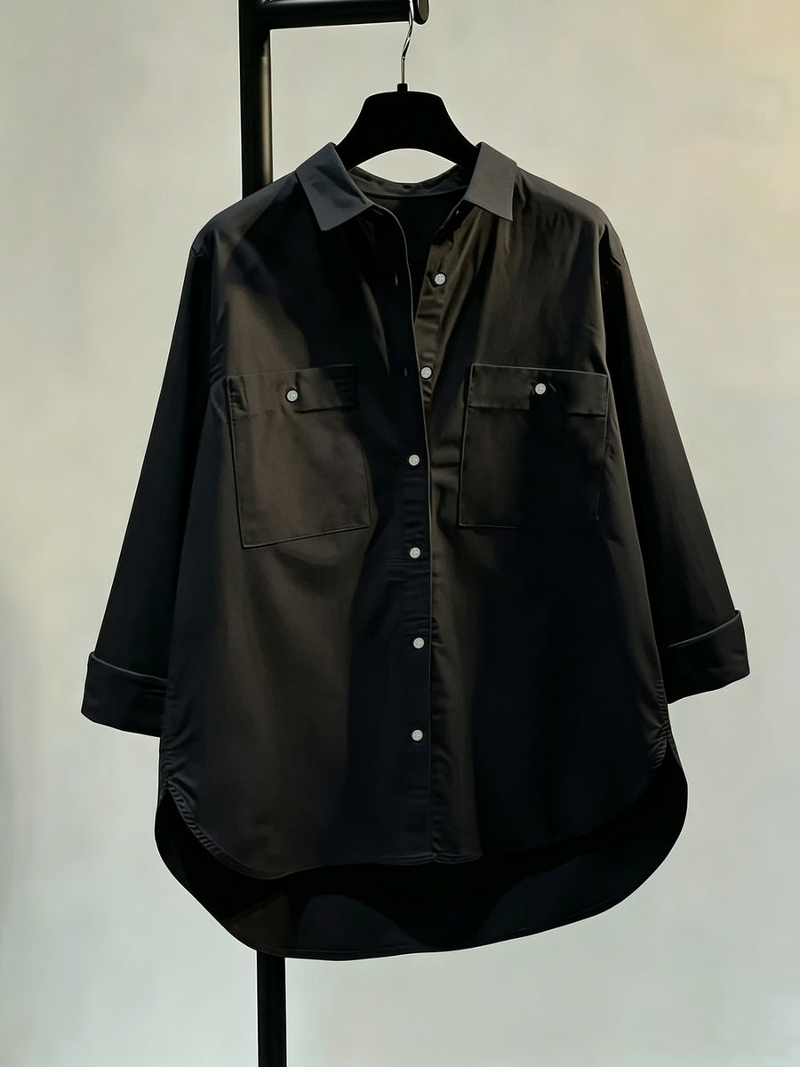 Women's Simple and Elegant Shirt Jacket, New Spring/Summer Style, Front Short Back Long, Versatile Loose Fit Casual Long Sleeve Top - Black