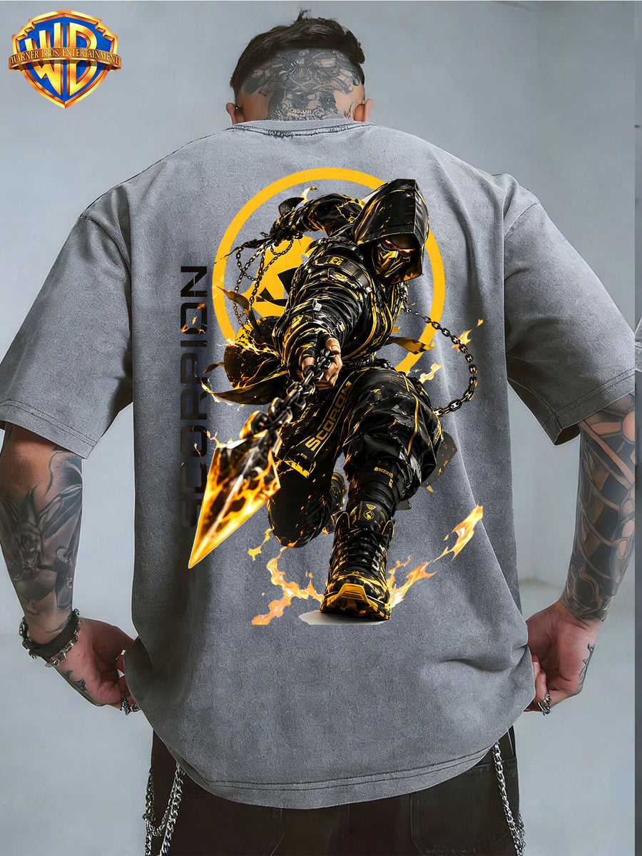 Warner Bros. Official - Mortal Kombat NetherRealm Empire Yellow and Black Ninja Scorpion Print, American Vintage Washed Distressed T-Shirt, Suitable for Daily Commuting and Outdoor Wear, Machine Washable, Unisex - Grey
