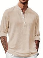 Men's Stand Collar Long Sleeve Henley Shirt, Textured Linen Casual Shirt, Versatile Loose Fit Top for Commuting - Khaki