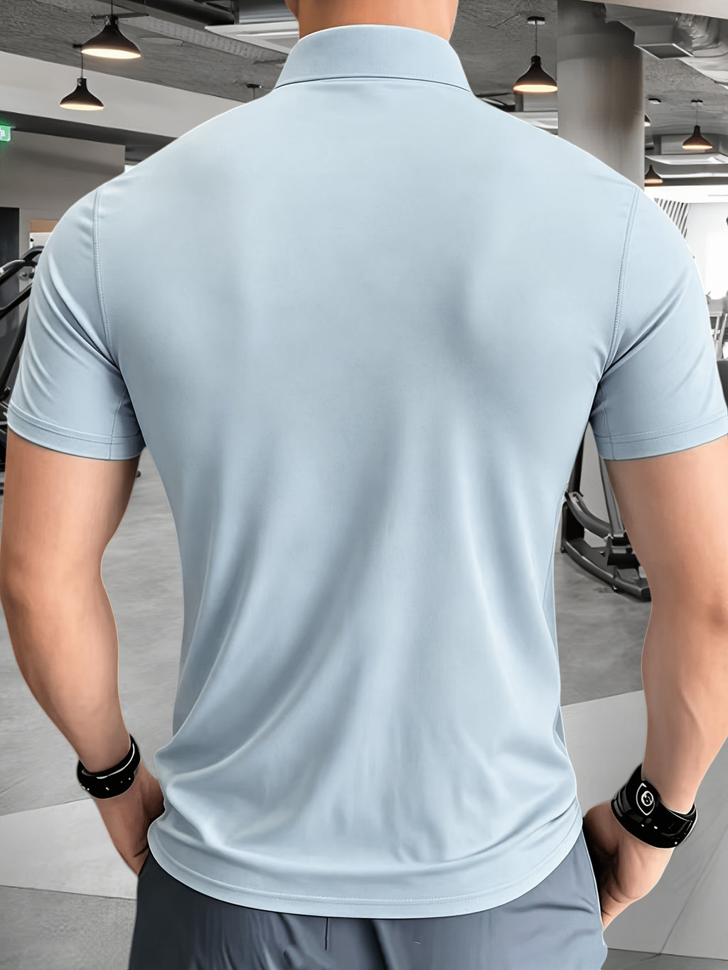 Men'S Muscular Fitness High-Elastic Training Quick-Dry Fitness Wear, Individual Print Patterns, Slim Fit Summer Casual Short Sleeve Shirt T-Shirt - Breathable Elastic Fabric, Stand-Up Collar Design with Open Chest Zipper - Sky Blue