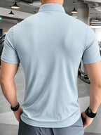 Men'S Muscular Fitness High-Elastic Training Quick-Dry Fitness Wear, Individual Print Patterns, Slim Fit Summer Casual Short Sleeve Shirt T-Shirt - Breathable Elastic Fabric, Stand-Up Collar Design with Open Chest Zipper - Sky Blue