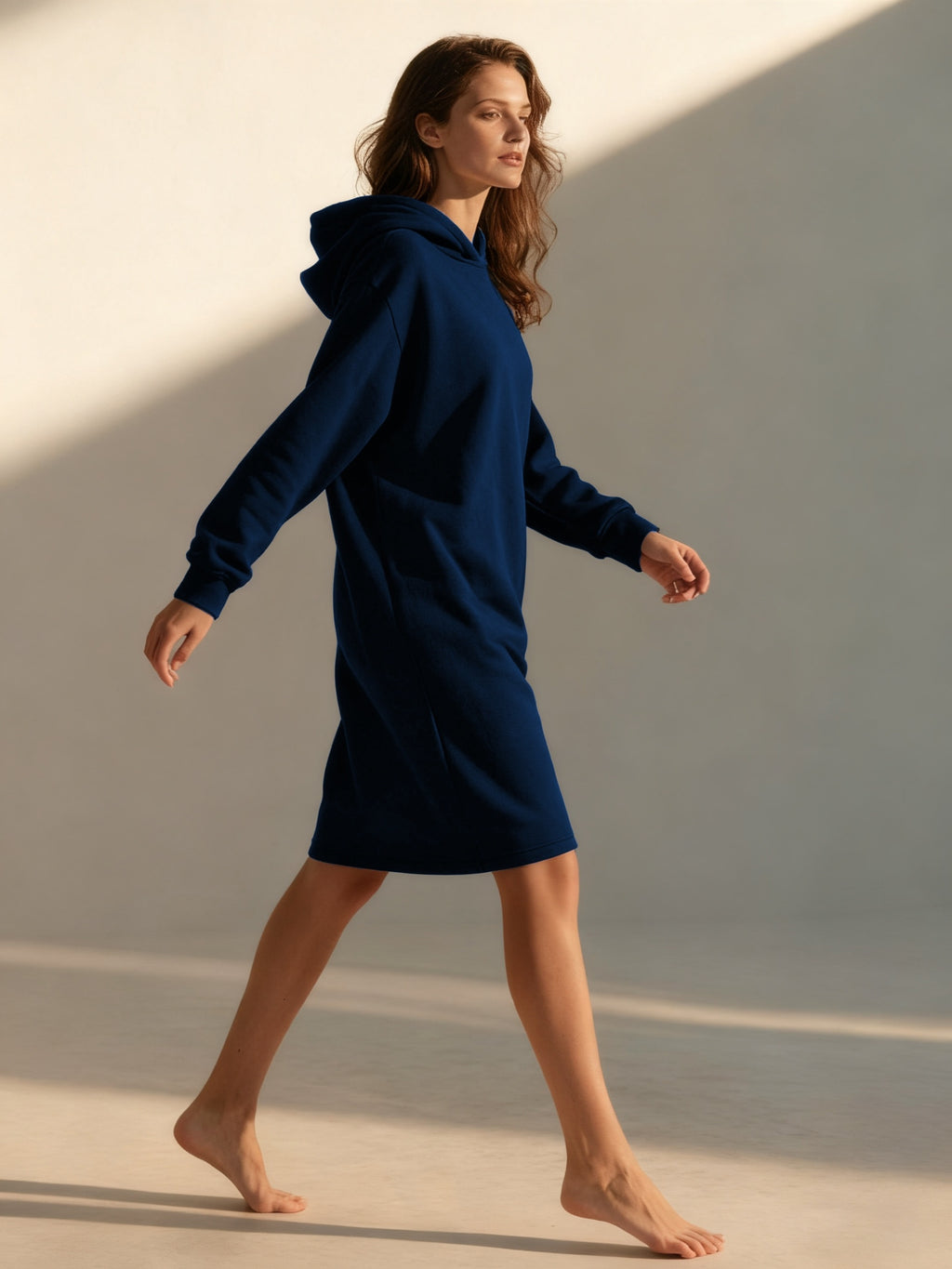 2pcs Long Casual Hooded Dress Set - Blue + Apricot