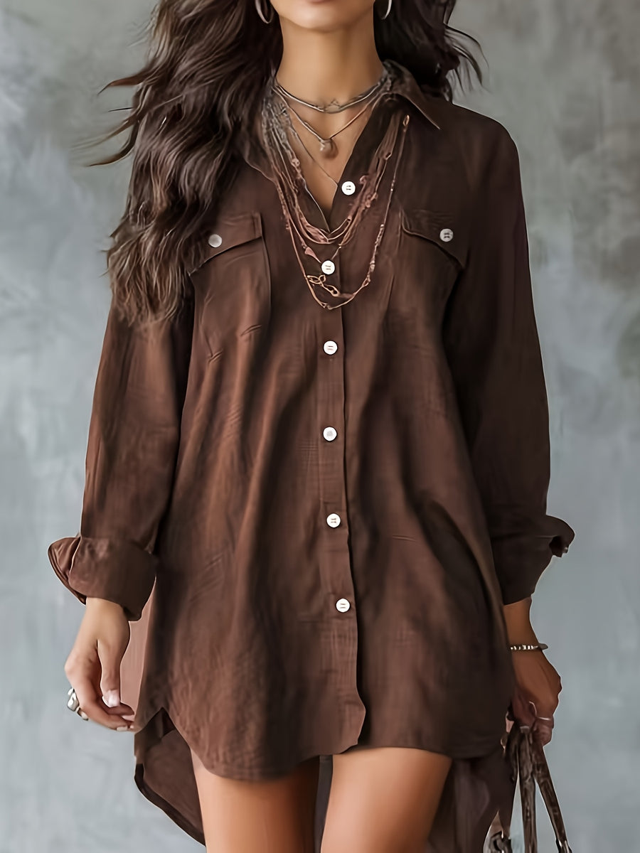Women'S Coffee-Colored Long Sleeve Button-Up Shirt, Short Front Long Back Design with Pockets, Suitable for Spring And Summer - Coffee Color