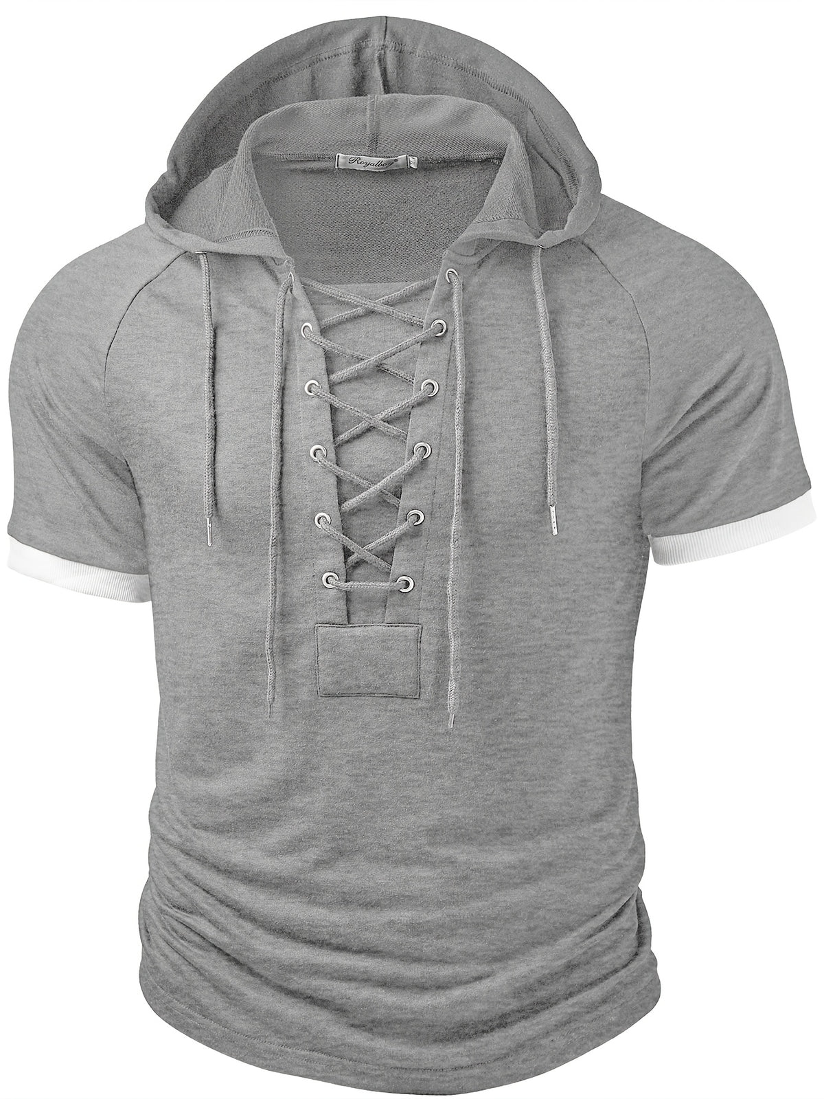 ROYALBOY Spring New Arrival Men's Short Sleeve Outdoor Sports Hoodie with Eyelet Drawstring, Designer Casual Men's Sportswear Top, Suitable for Autumn Outdoor Wear - Grey