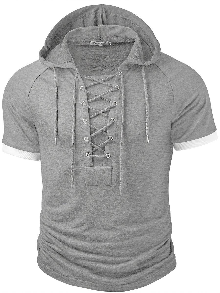 ROYALBOY Spring New Arrival Men's Short Sleeve Outdoor Sports Hoodie with Eyelet Drawstring, Designer Casual Men's Sportswear Top, Suitable for Autumn Outdoor Wear - Grey