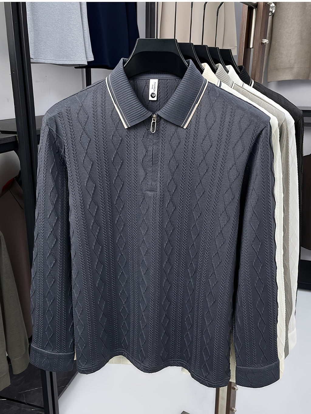 Men's Half-Zip Lapel Long-Sleeve Polo Shirt, Full-Rhombus Jacquard Texture, Contrast-Color Ribbed Collar, Simple Light-Luxury Top, for Business Receptions, Daily Commuting, Loose-Fit Men's Long-Sleeve T-Shirt - Grey