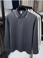 Men's Half-Zip Lapel Long-Sleeve Polo Shirt, Full-Rhombus Jacquard Texture, Contrast-Color Ribbed Collar, Simple Light-Luxury Top, for Business Receptions, Daily Commuting, Loose-Fit Men's Long-Sleeve T-Shirt - Grey