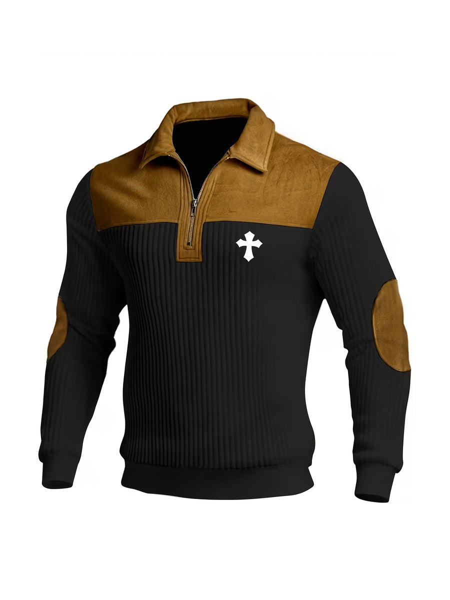 Men's Fashion Polo Half-Zip Collar Color-Block Long Sleeve Top, Casual Outing and Home Wear - Black
