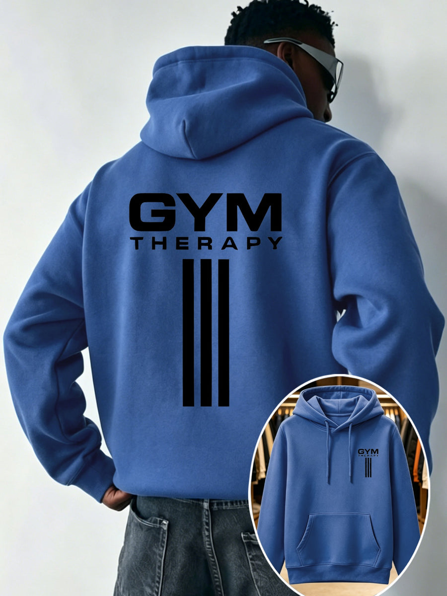 Men'S Trendy Print Casual Hooded Sweatshirt - GYM THERAPY Vertical Fitness Text Double-Sided Pattern Regular Fit with Front Kangaroo Pouch, Adjustable Drawstring Hood, Soft Fabric, Washable Print, Home, Commute, Camping Wear - Blue