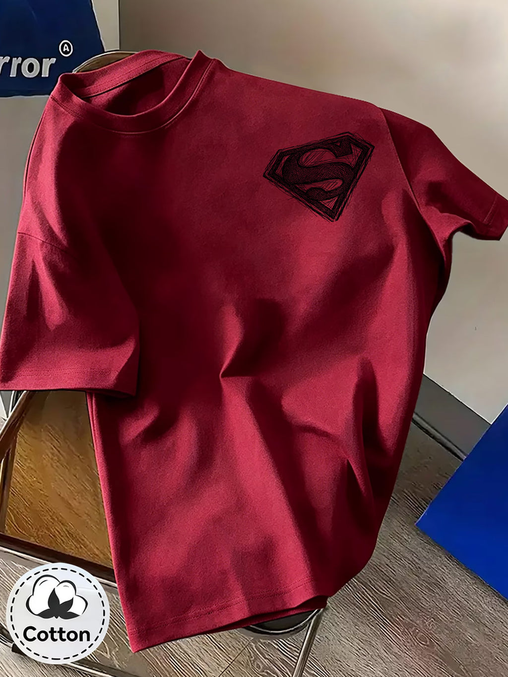 Unisex Summer Loose Round Neck Short Sleeve T-Shirt, Suitable for Daily Commute, Street Outings, City Travel, And Gatherings, Large Superman S Logo Hand-Drawn Sketch Print on Back, Small Pattern on Chest, Easy Artistic Atmosphere - Burgundy