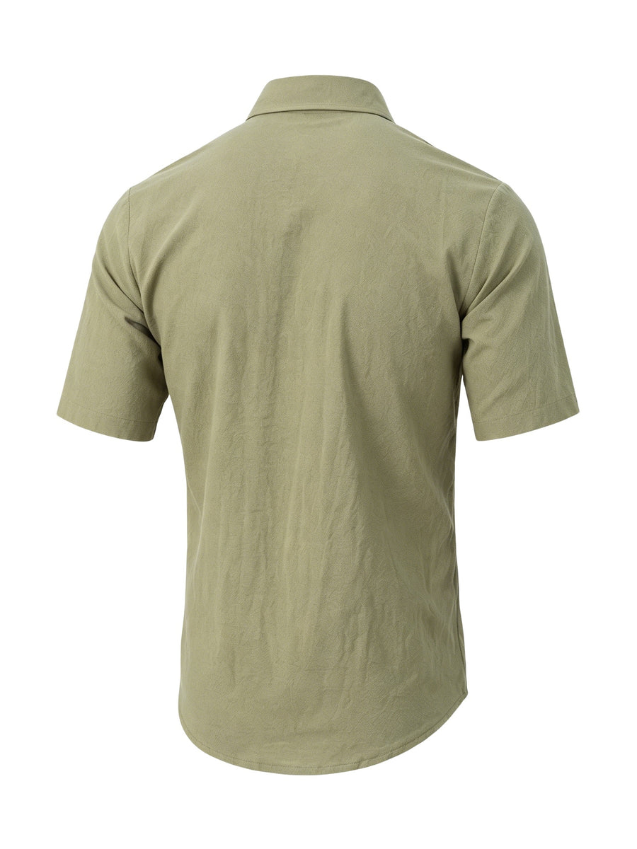 Men's Solid Color Button-Up Lapel Collar Short Sleeve Shirt - Breathable Textured Linen Button-Front Collar Shirt Suitable for Beach, Casual & -Casual Wear, Summer Office Outfits - Non-Stretch Button Collar - Olive Green