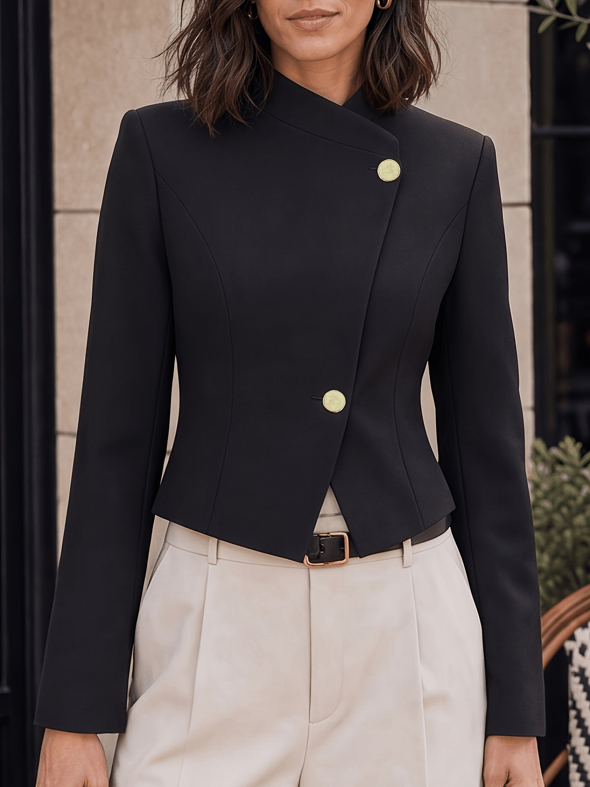 New Style Stand-Up Collar Irregular Slanted Lapel Suit, Solid Color Long Sleeve Cropped Waist-Defined Blazer with Lining - Black