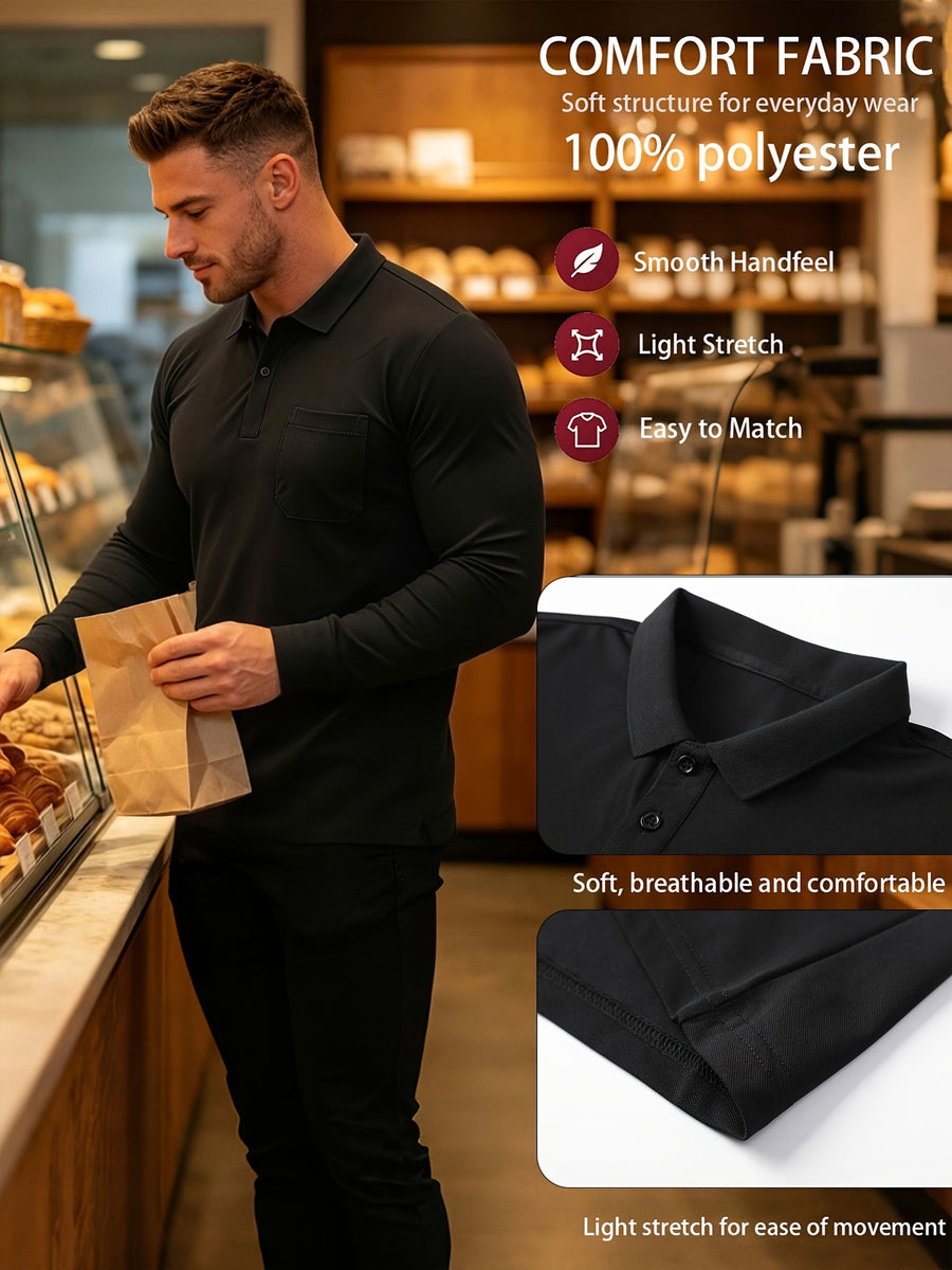2pcs Men'S Long Sleeve Polo Shirt with Chest Pocket Design, Soft, Smooth, Wrinkle-Resistant And Casual Button Neck T-Shirt, Suitable for Spring And Autumn Wear, Lightweight Daily Commuting, Outdoor Sports, Business Basic Clothing - Black+Navy Blue