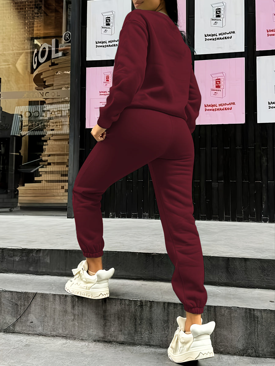 Women'S Autumn Winter Two-Piece Set, Easy Pattern Sweatshirt And Jogger Pants - Burgundy