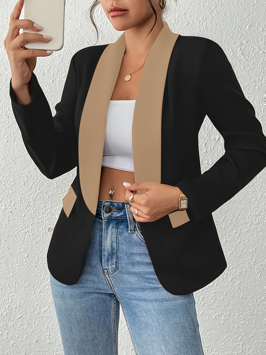 Women's Color-Block Shawl Collar Faux Pocket Long Sleeve Cardigan, Fashionable, Elegant, Casual, and Business-Style Blazer - Black