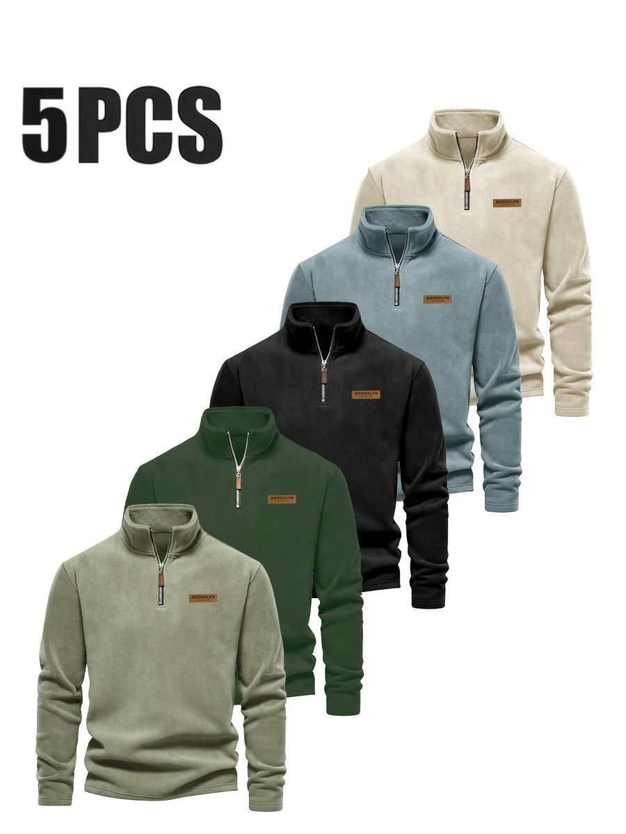 Men'S Fleece Half-Zip Sweatshirt 5pcs Set Autumn Winter Comfortable Warm Casual All-Match Style - Mint Green + Dark Green + Slate Blue + Black + Apricot