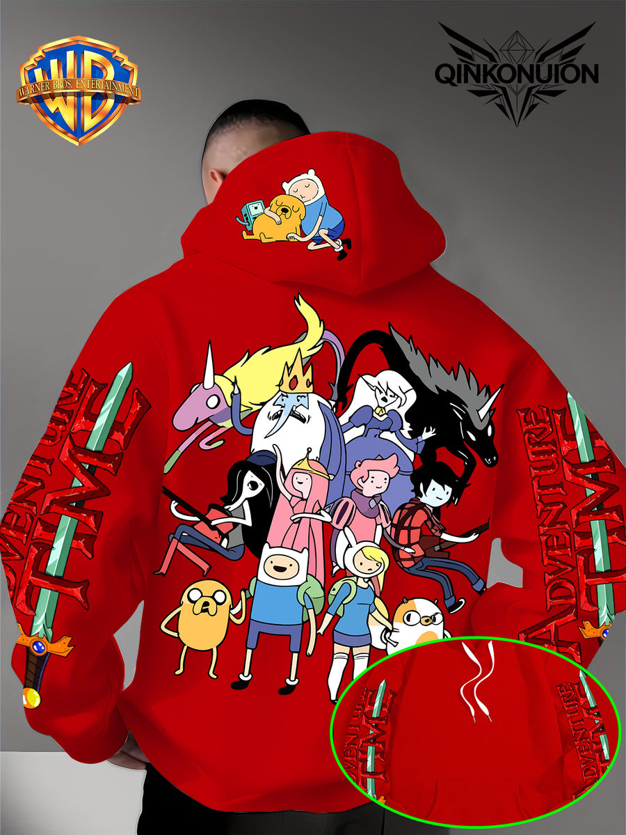 Warner Official Men's Hoodie, Adventure Treasure Full Character Gathering Adventure Print Design, Machine Washable, Warm and Casual for Autumn and Winter, Daily Drawstring Hoodie, Multifunctional Sports and Casual Loose Fit - Red