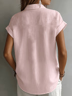Women's Relaxed Holiday Style Micro-Wrinkle Textured Lapel Short-Sleeve Shirt, Loose Open Front Single-Breasted Drop Shoulder Fit, Casual Rolled Hem Short Sleeve V-Neck Open-Wear Design, Natural Breathable Dry Skin-Friendly Textured Fabric - Pink Color