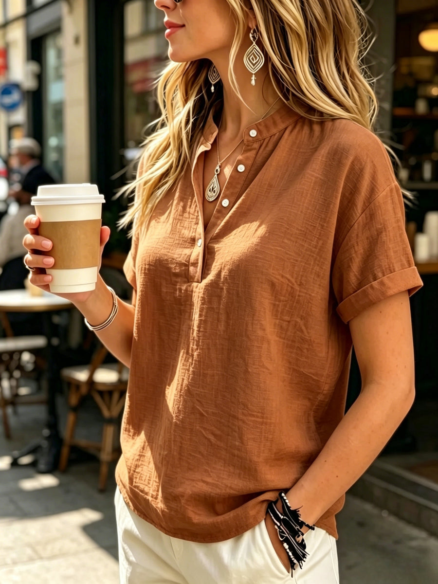 Ladies' Casual Solid Color Short Sleeve Shirt, Versatile Commuting Style Top, Loose And Comfortable, Lightweight And Breathable - Chocolate
