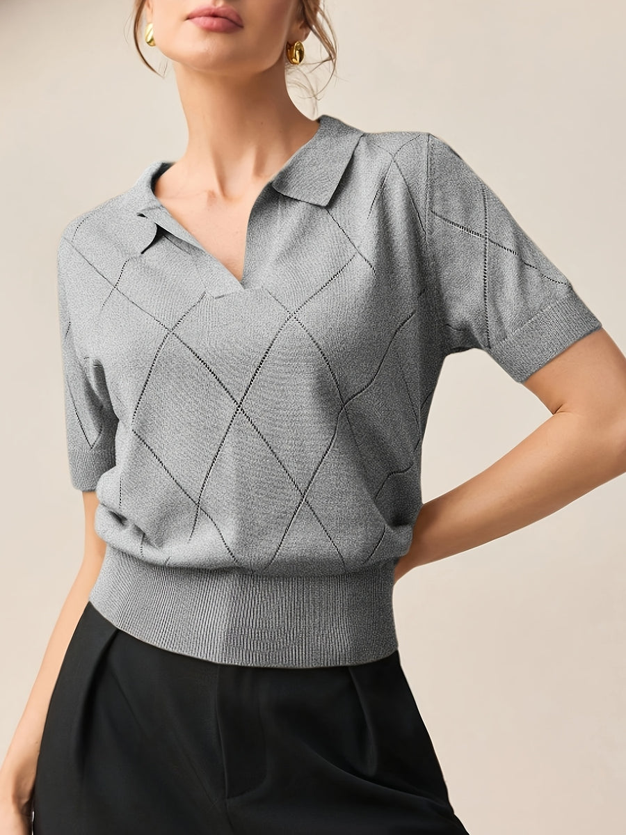 Women's Collar Rhombus Pattern Short Sleeve Top, Versatile Commuter Style for Spring and Summer - Space Gray
