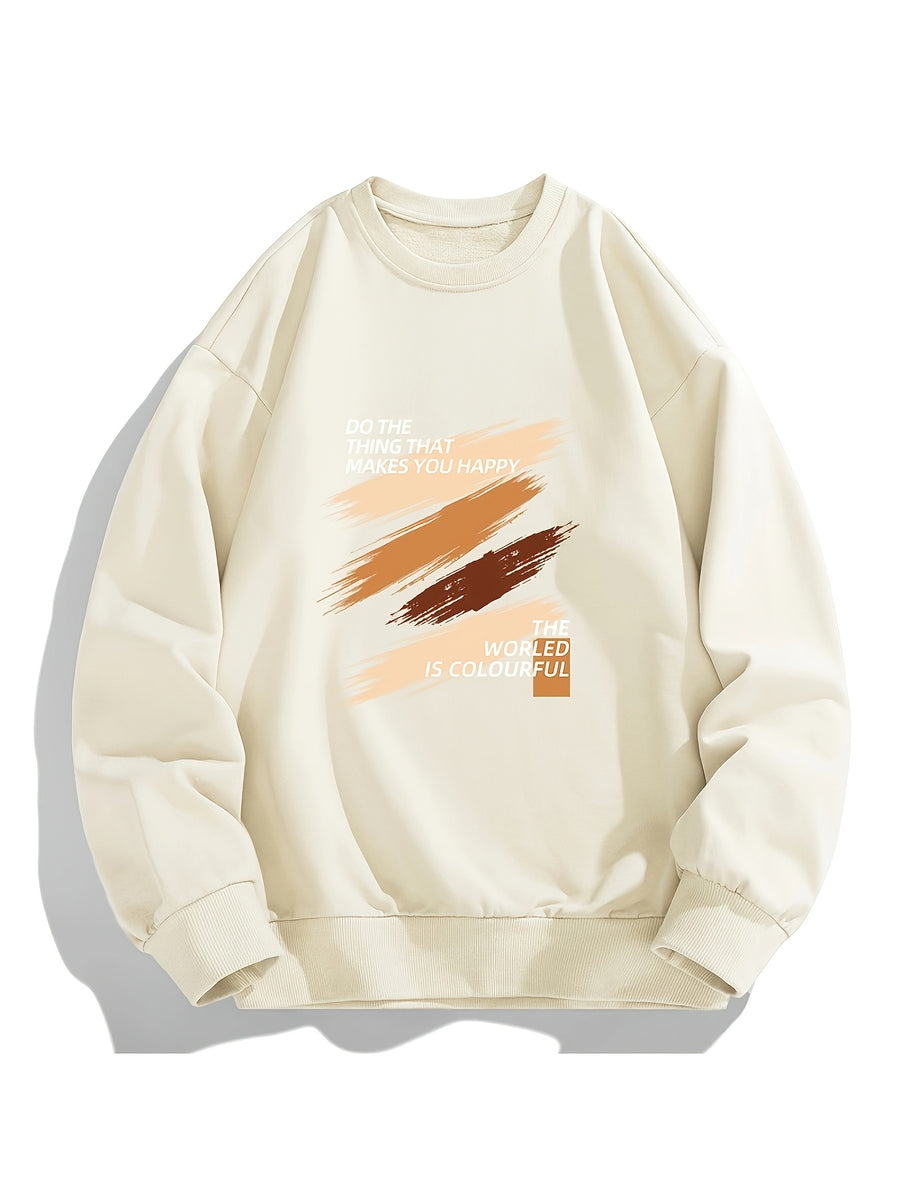 Men's Crew Neck Sweatshirt, Spring Autumn Art Brush Stroke Color Block Slogan Print Pullover Top, Youth Loose Casual Versatile LongSleeve Basic Shirt - Apricot