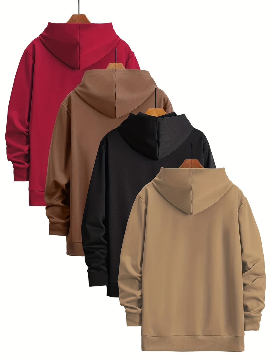 A Set of 4 Men'S Long-Sleeve Hoodies for Spring And Autumn, Featuring a Solid Color, Drawstring Design, And Kangaroo Pocket. Perfect for Casual Outdoor Sports And Jogging, Ideal As a Gift for Boyfriends Or Husbands - Mixed Color 1