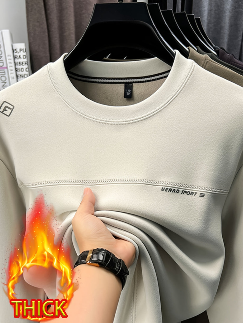 Men's Crew Neck Thickened Sweatshirt, Pullover Long Sleeve Sweatshirt, for Standalone Wear or Layering in Autumn/Winter, Ribbed Cuffs and Hem - SINBOS - Ivory White