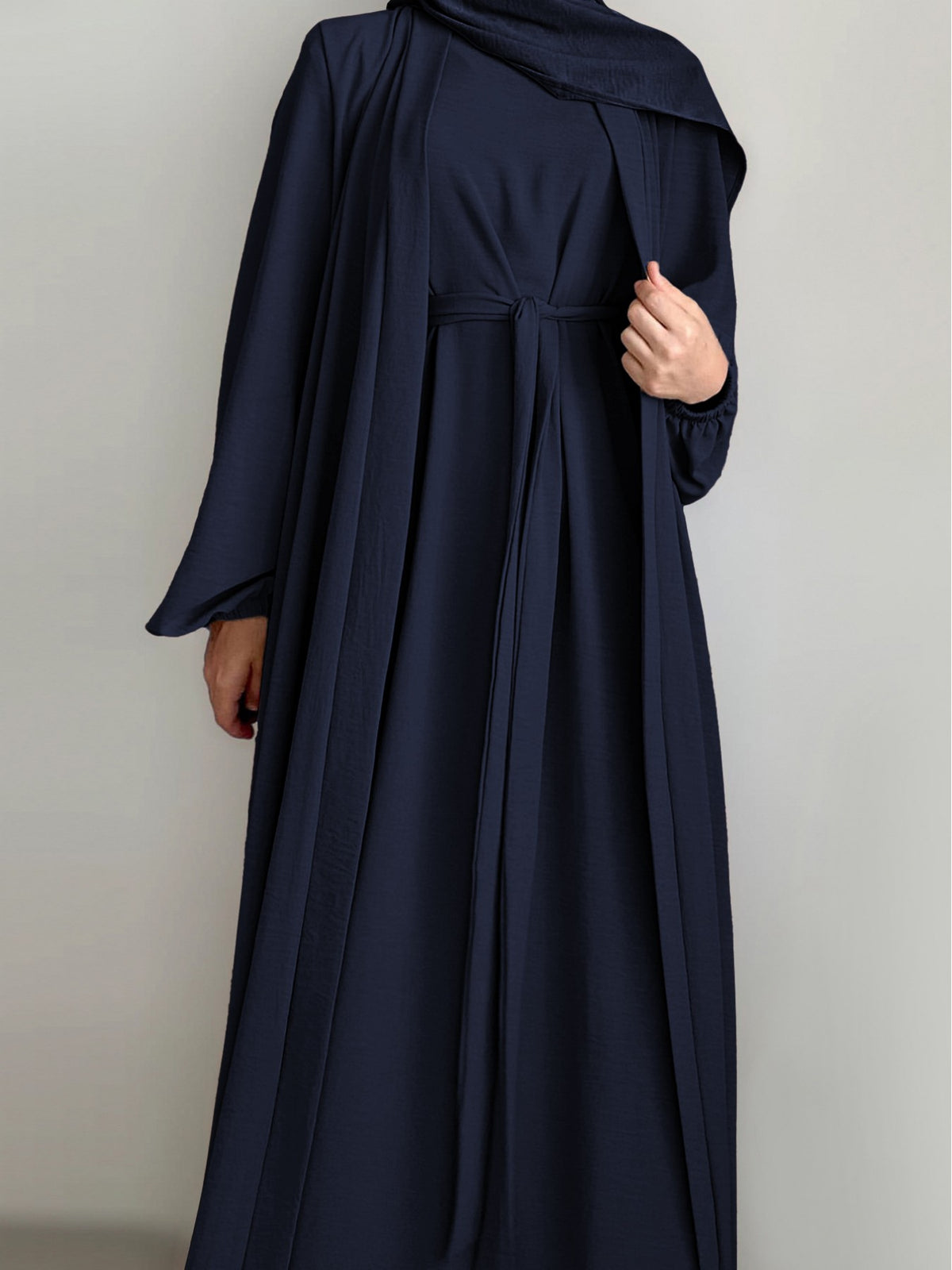 New Middle Eastern Dubai 3pcs Abaya Set - Women'S Traditional Belted Waist Dress with Cardigan And for Ramadan - Navy Color