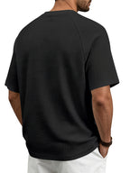 Men's Fashion Waffle Knit Raglan Sleeve V-Neck Short Sleeve Shirt, Men's V-Neck Short Sleeve T-Shirt, Chest Badge with Contrast Color Label, Stylish and Aesthetic - Black