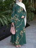 Women's Middle Eastern Style Muslim Elegant Robe, Dark Green with Golden Branch and Plum Blossom Print, Long Loose A-Line Flared Robe with Long Sleeves, for Daily Social Gatherings, Prayer, and Outings, Skin-Friendly and Breathable Non-Embroidered - Mixed colors