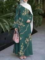 Women's Middle Eastern Style Muslim Elegant Robe, Dark Green with Golden Branch and Plum Blossom Print, Long Loose A-Line Flared Robe with Long Sleeves, for Daily Social Gatherings, Prayer, and Outings, Skin-Friendly and Breathable Non-Embroidered - Mixed colors