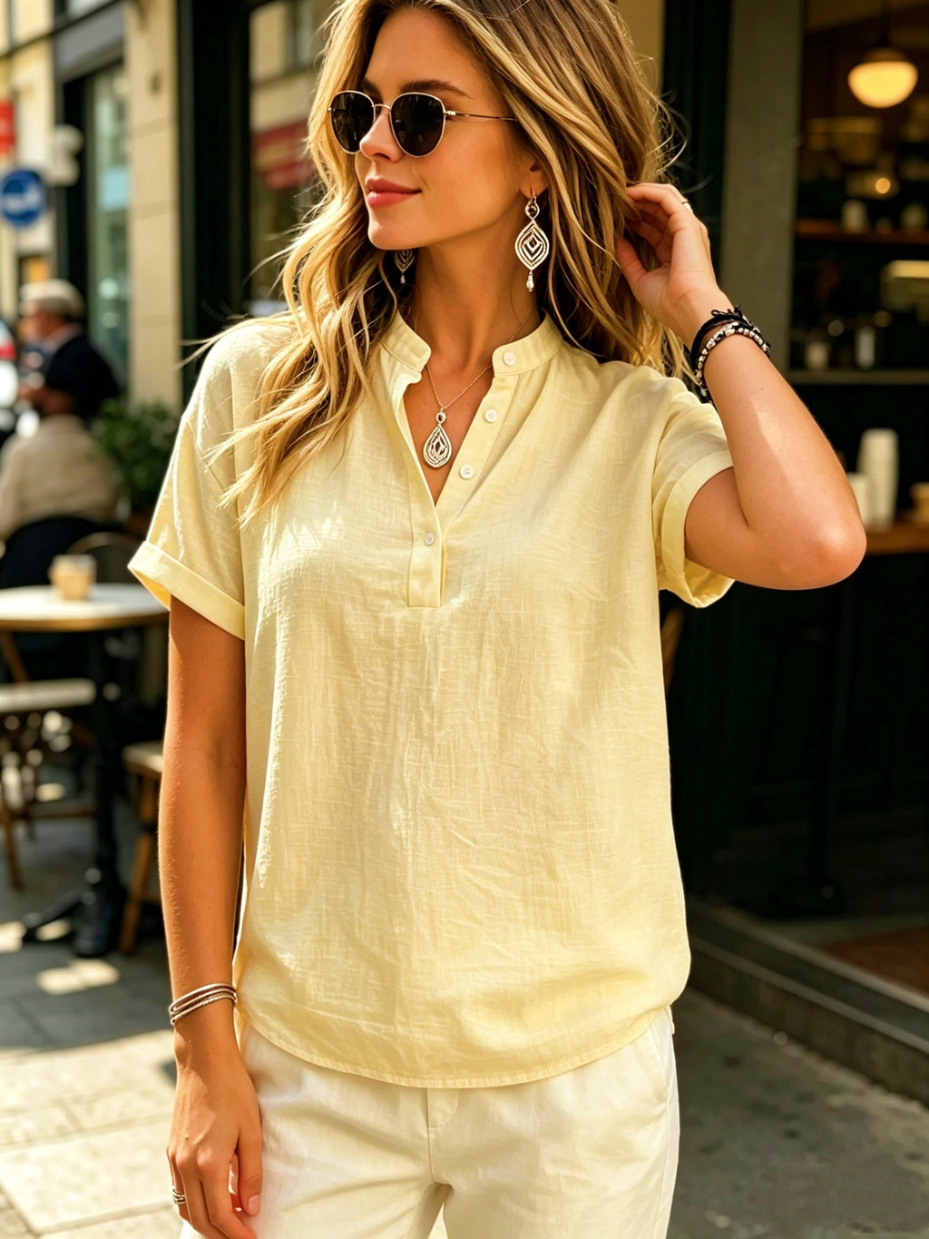 Ladies' Casual Solid Color Short Sleeve Shirt, Versatile Commuting Style Top, Loose And Comfortable, Lightweight And Breathable - Yellow