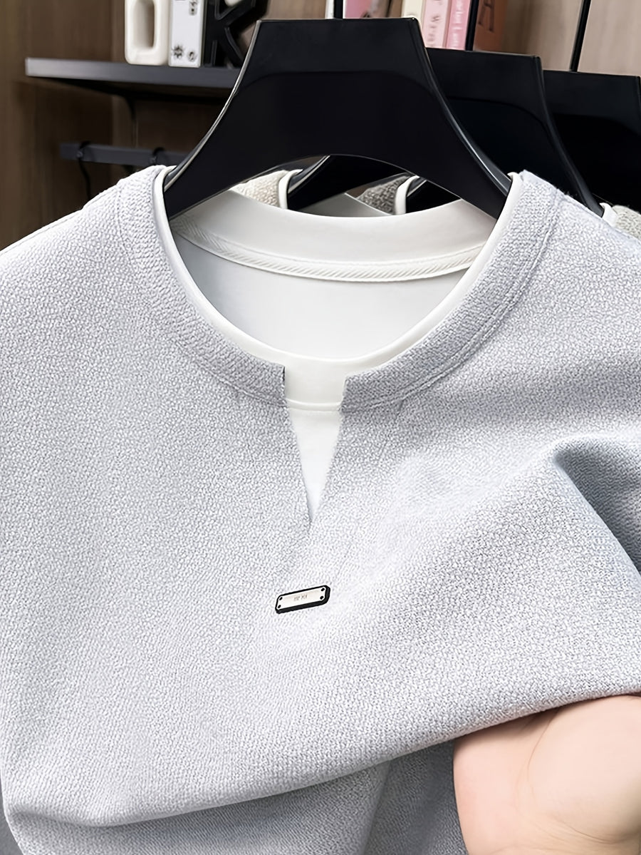 Men's 2-in-1 Look V-Neck Sweatshirt, Loose Drop Shoulder, Casual Pullover Long Sleeve, Suitable for Daily Commuting and Leisure. -SINBOS - Light Grey