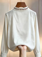 Women's -Neck Floral Blouse Shirt - Stand Collar Long Sleeve Blouse Top with -Neck Collar & Embroidery, Machine Washable Suitable for Office, Commuting, Casual Wear, Year-Round Elegant Blouse Shirt for Professional Attire - White