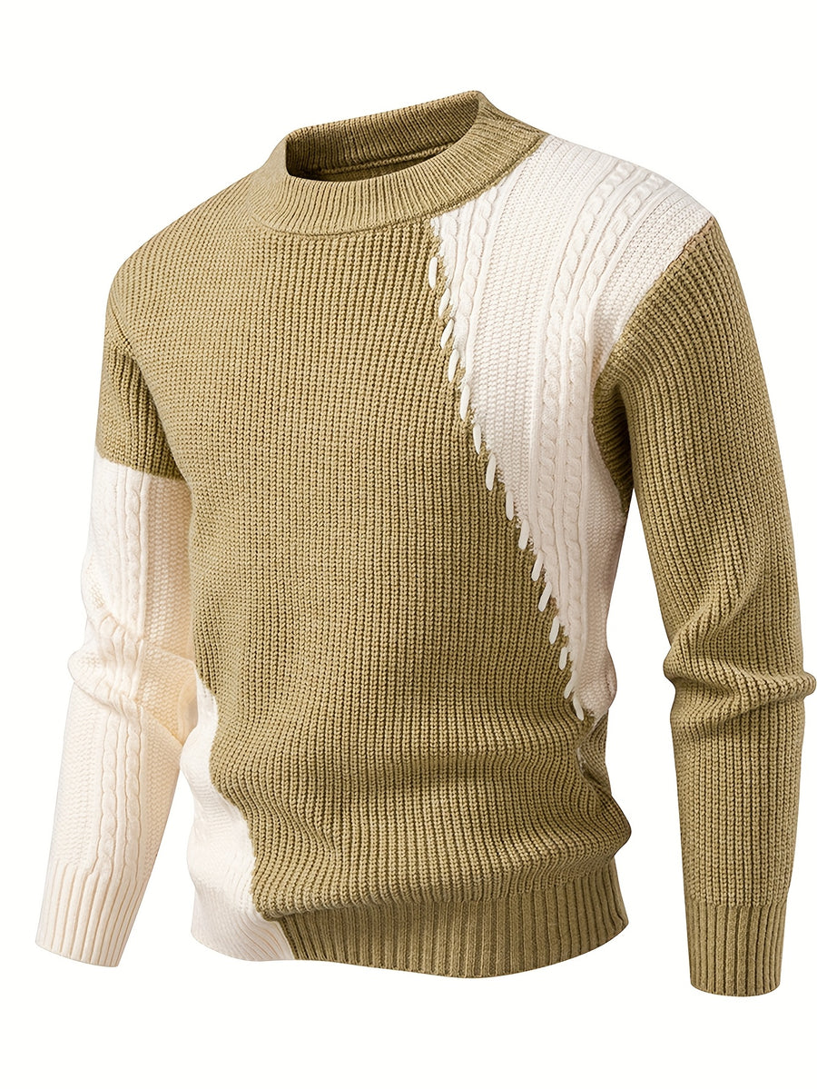 New Autumn-Winter Round Neck Men's Sweater, Fashion Casual Trendy Patchwork Knitwear, Warm Thick Stylish Loose Top - Green